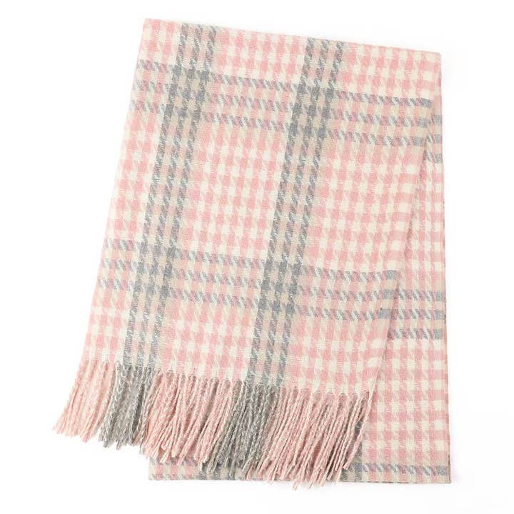 classic houndstooth scarf styled in feminine pink and grey tones