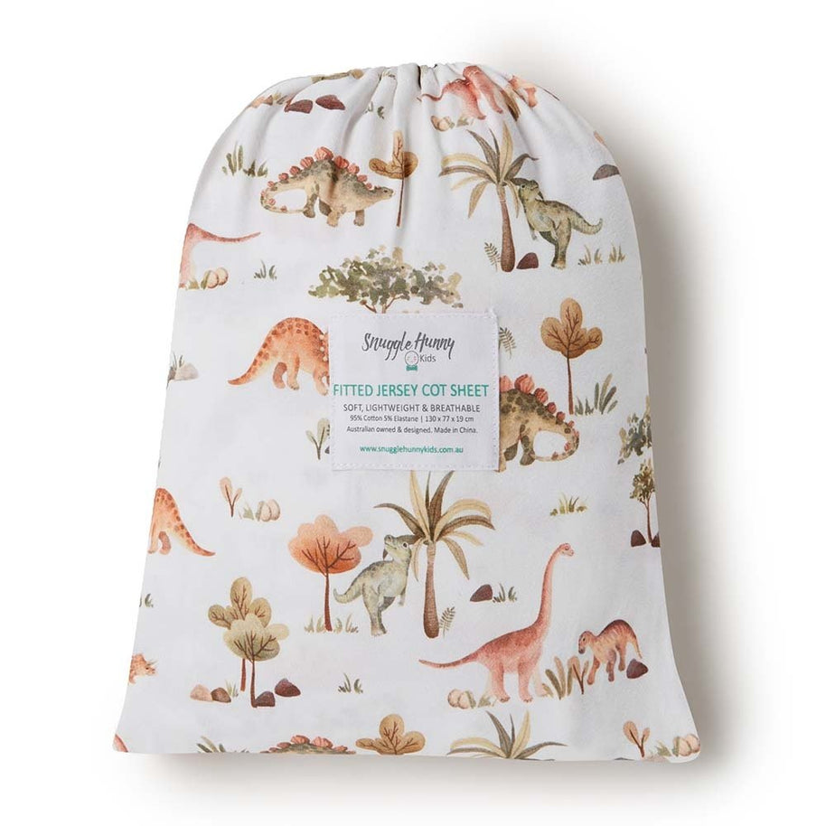 Snuggle Hunny Dino Organic Fitted Cot Sheet with matching bag
