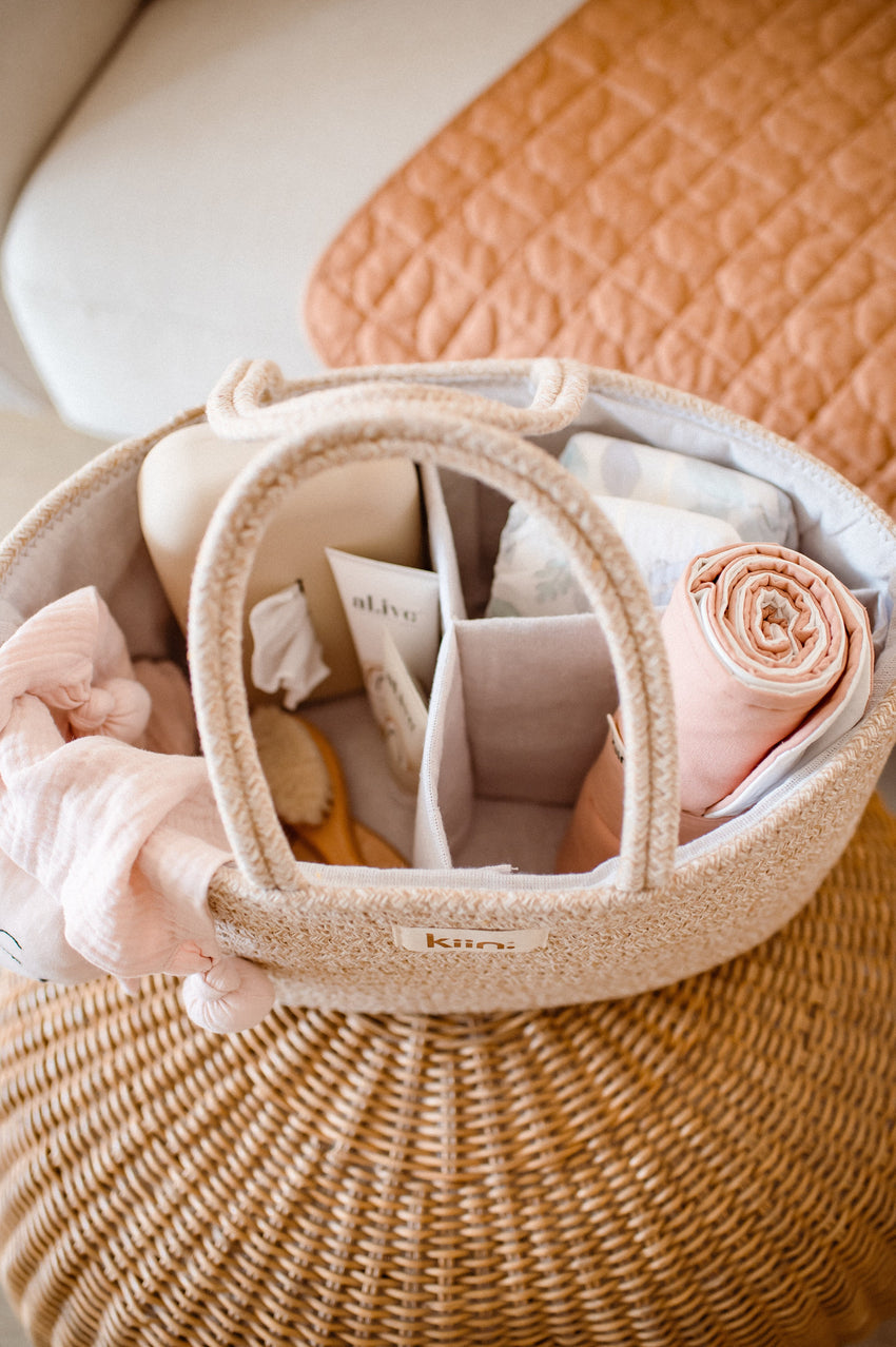Portable nursery storage basket for nappies, wipes, and baby essentials