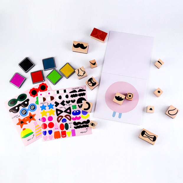 Kids stamp and sticker activity kit with silly face combinations and 48 page face pad