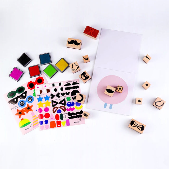 Kids stamp and sticker activity kit with silly face combinations and 48 page face pad