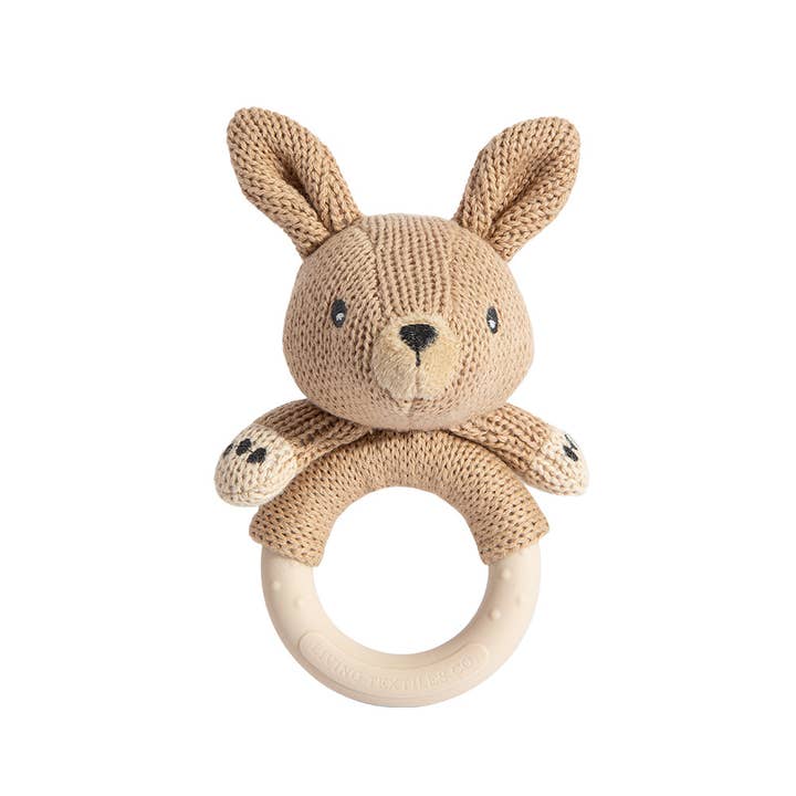 Beige kangaroo baby rattle with BPA-free silicone ring