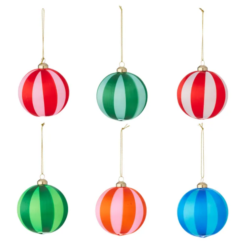 Set of six colourful striped Christmas baubles