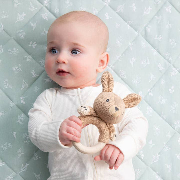 Living Textiles Kangaroo Ring Rattle – cotton baby teether toy