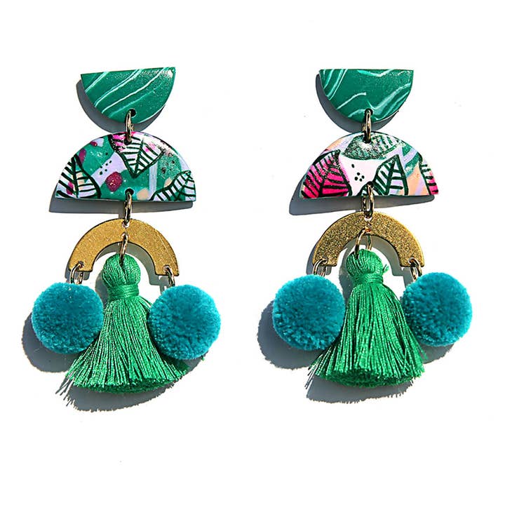 Hand-painted statement earrings with pom poms and gold accents