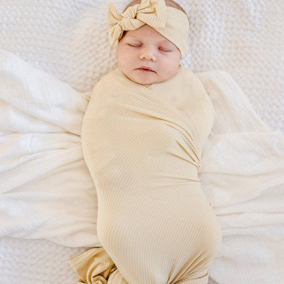 Ribbed bamboo stretch swaddle in soft oat