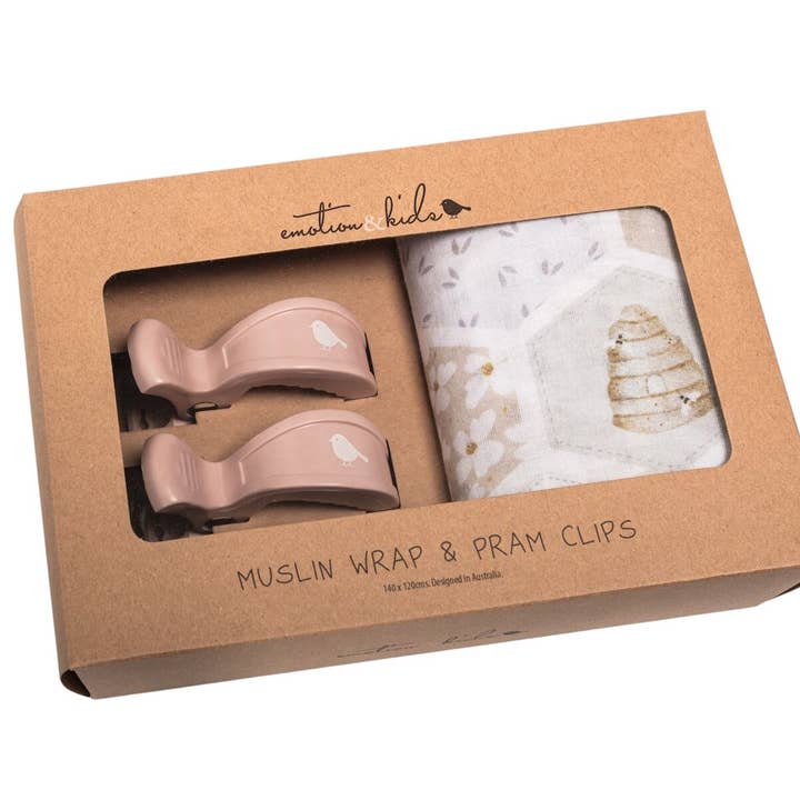 Beehive muslin wrap with dusty pink pram clips set