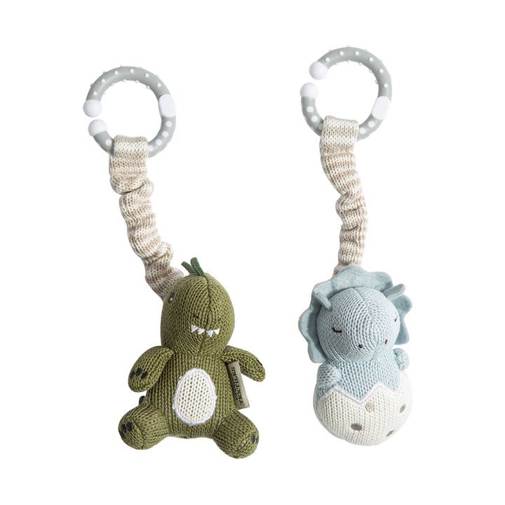 Soft cotton knit dinosaur stroller toys with BPA-free clips