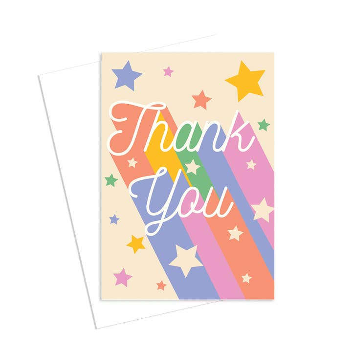 Happy Day People Thank You greeting card with rainbow stripe and star design