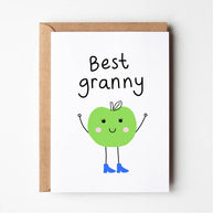 Friends of Henry Paper Co Best Granny greeting card with cute green apple character in blue boots