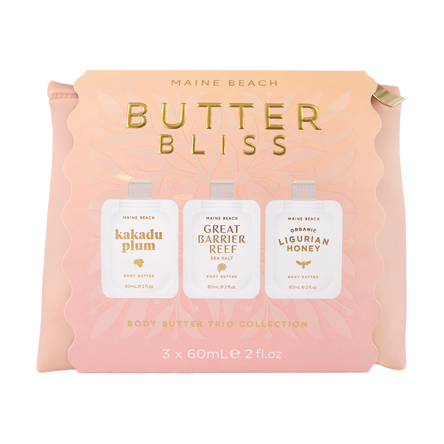 Maine Beach travel size body butter trio in water-resistant cosmetic bag