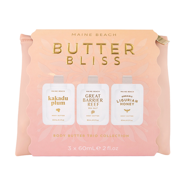 Maine Beach travel size body butter trio in water-resistant cosmetic bag