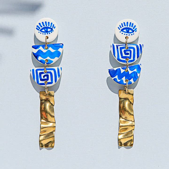 Kingston Jewellery Santorini Swiggle handmade earrings in blue and gold