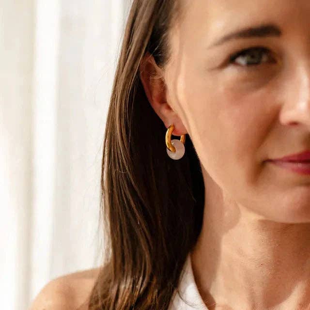 Gold hoop earrings with removable pink rose quartz stone