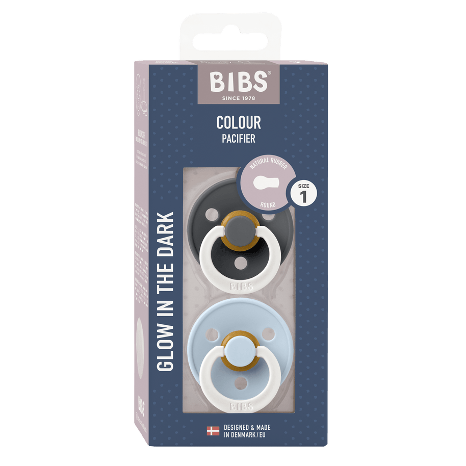 BIBS iconic round dummy in Iron Baby Blue colourway made in Denmark