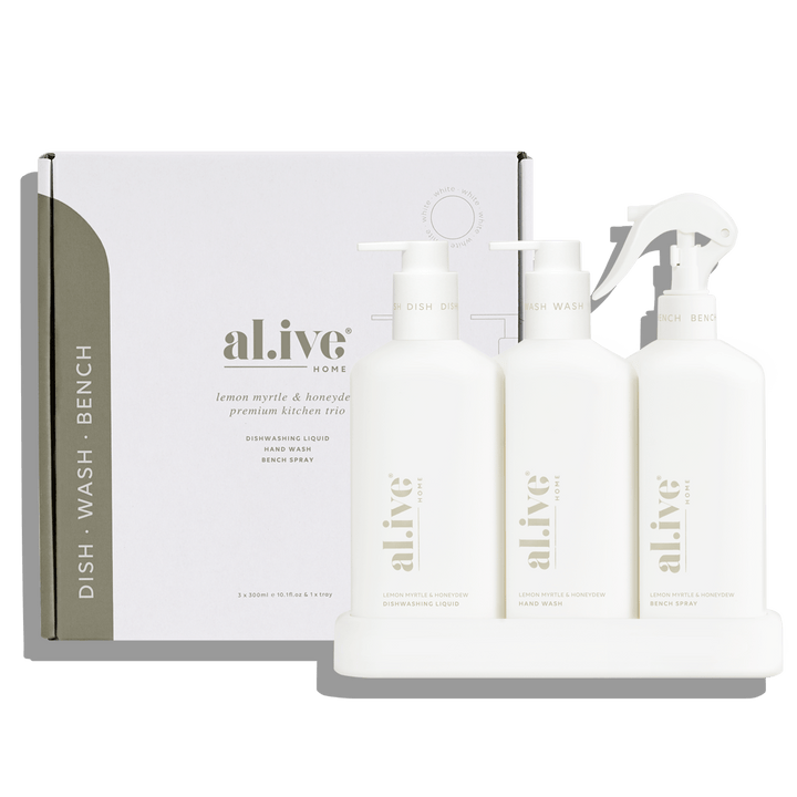 Al.ive Body Kitchen Trio – Lemon Myrtle & Honeydew (3 × 300 ml + Tray)