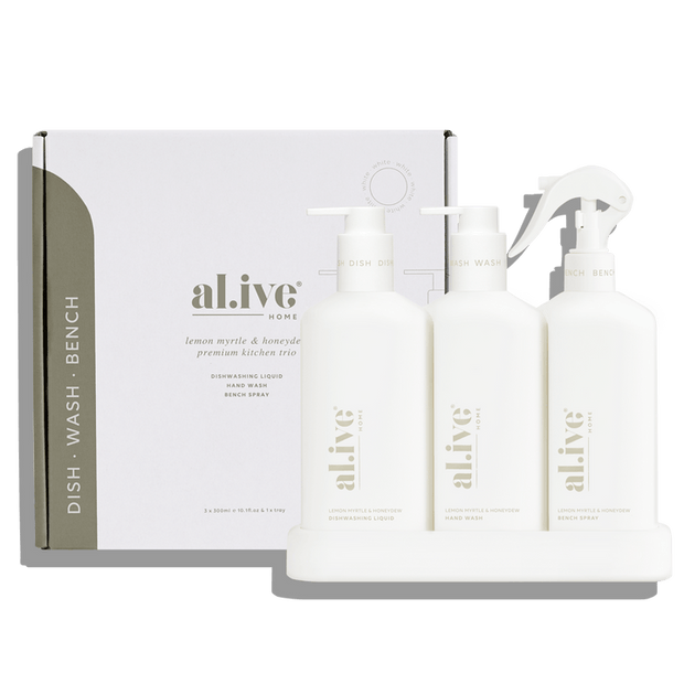 Al.ive Body Kitchen Trio – Lemon Myrtle & Honeydew (3 × 300 ml + Tray)