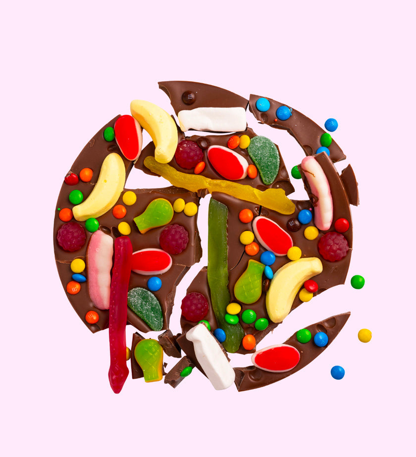 Belgian milk chocolate pizza topped with colourful lollies