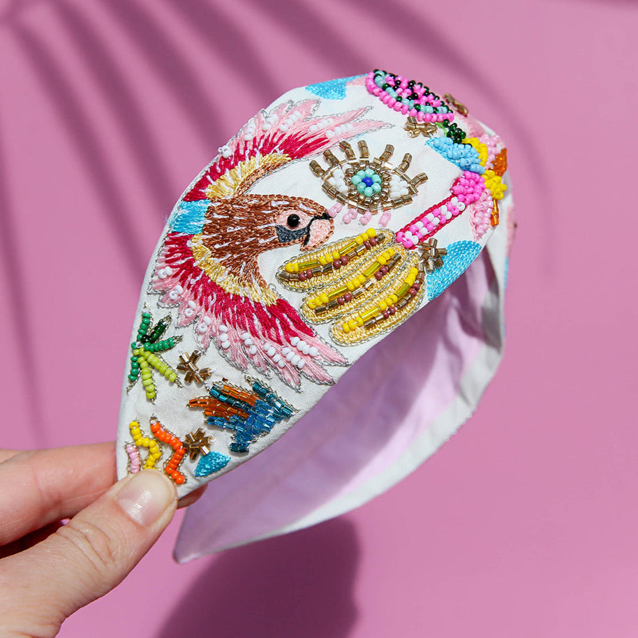 Kingston Rio Beaded Headband with tropical parrot and bead embroidery