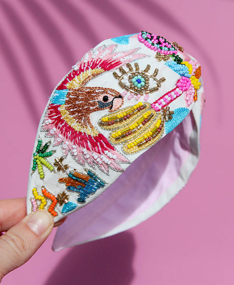 Kingston Rio Beaded Headband with tropical parrot and bead embroidery