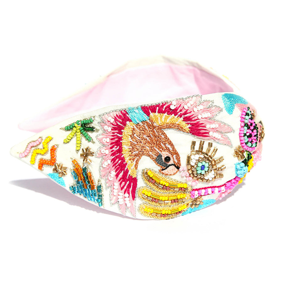 Colourful handmade beaded headband featuring tropical motifs