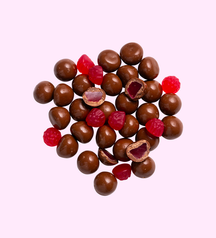 Chewy raspberry jellies covered in creamy milk chocolate