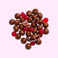Chewy raspberry jellies covered in creamy milk chocolate