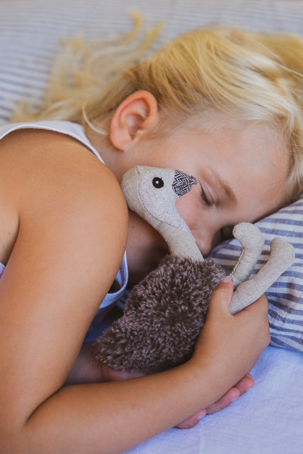 Soft emu baby rattle with gentle sound for newborns