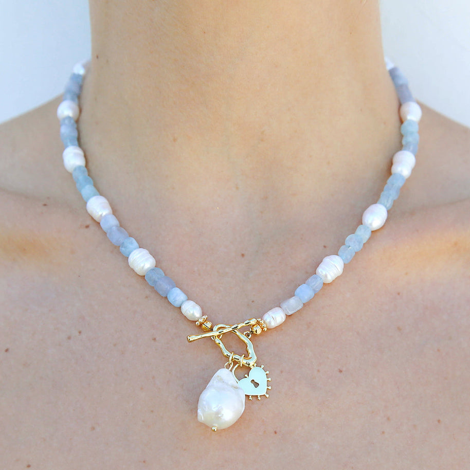 Handmade Quartz and Pearl Heart Necklace with Amazonite beads