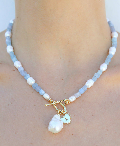 Handmade Quartz and Pearl Heart Necklace with Amazonite beads