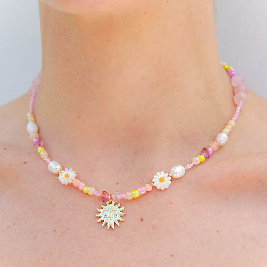 Kingston Jewellery Peach Sun Necklace with freshwater pearls and gemstones