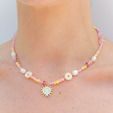 Kingston Jewellery Peach Sun Necklace with freshwater pearls and gemstones