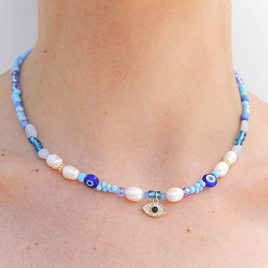 Kingston Jewellery Evil Eye Blue Necklace with freshwater pearls and blue beads