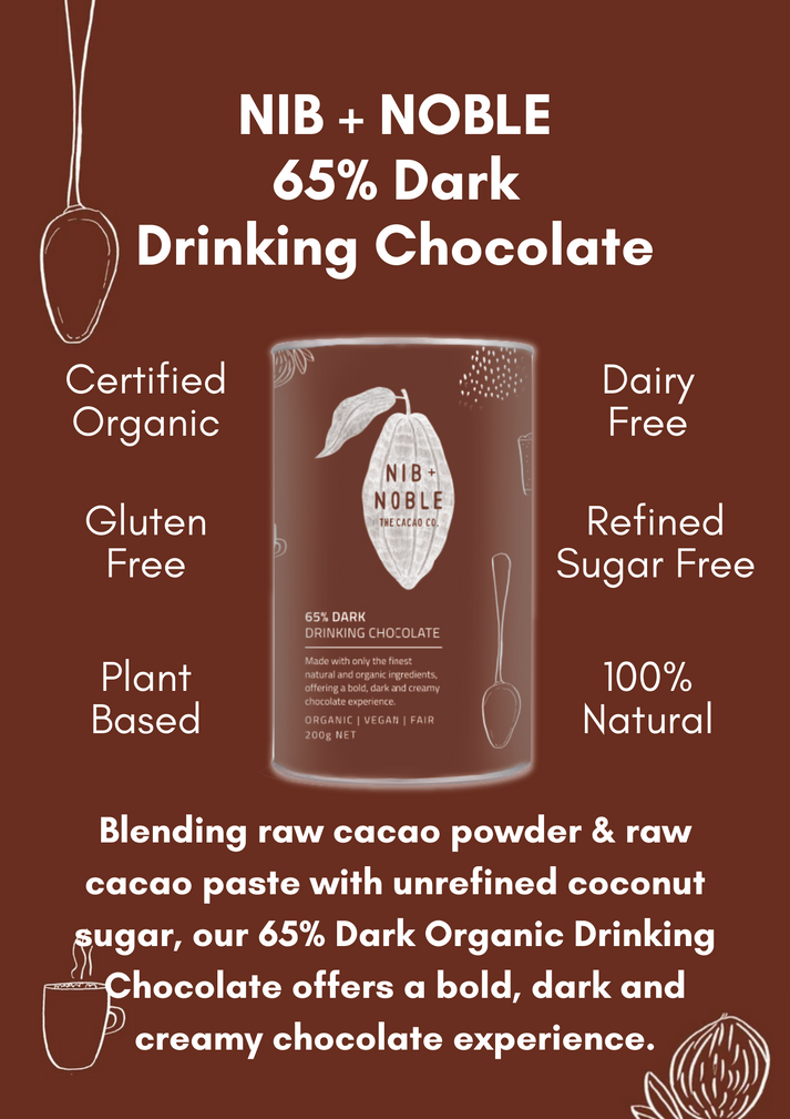 Premium dark drinking chocolate made with raw cacao and coconut sugar