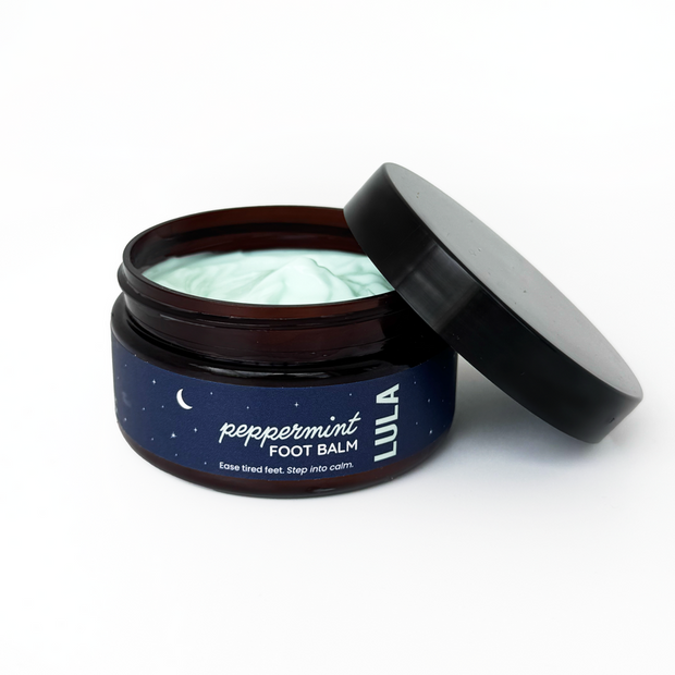 Lula Peppermint Foot Balm jar for tired and dry feet