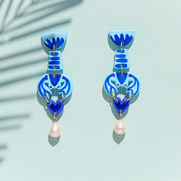 Blue Lobster Hearts handmade polymer clay earrings