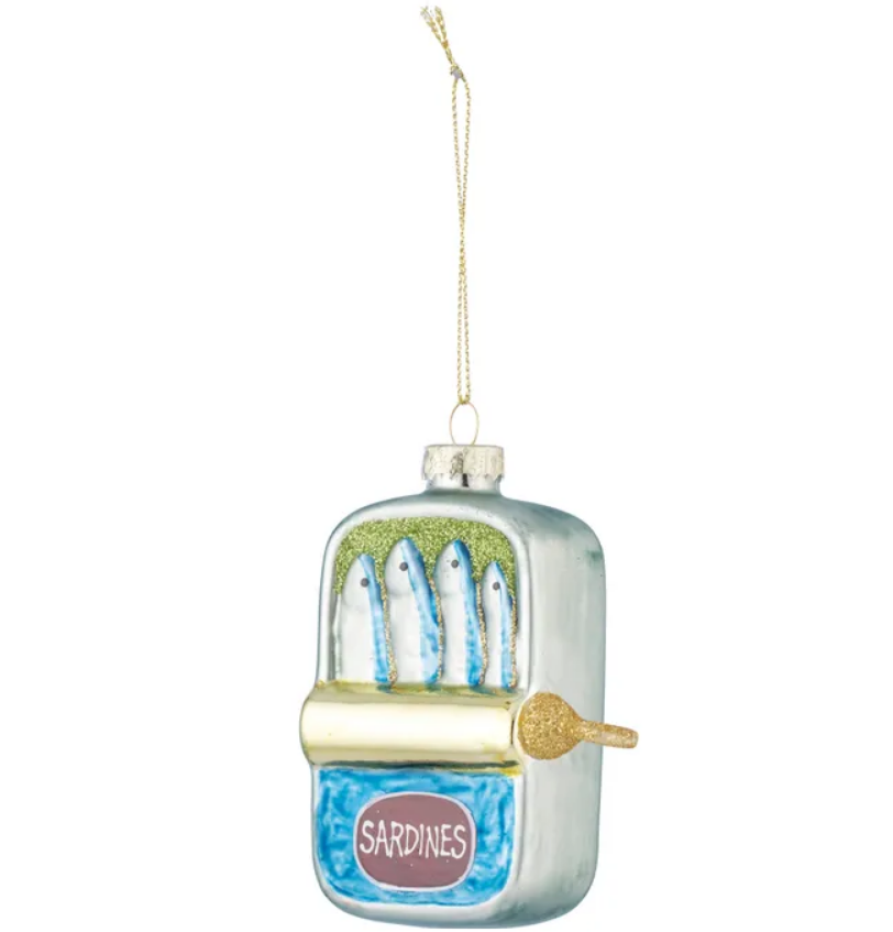 Glass sardine tin Christmas ornament with painted fish