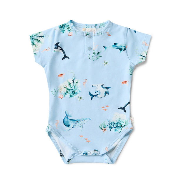 Snuggle Hunny Blue Ocean Short Sleeve Organic Bodysuit for baby