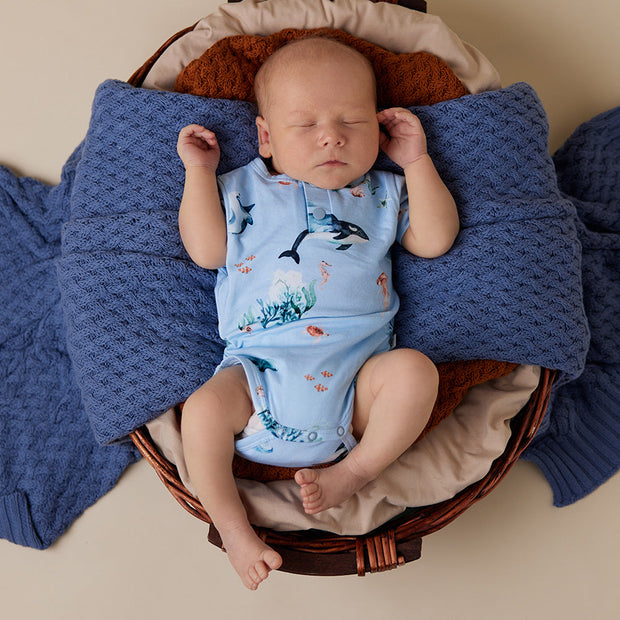 Organic cotton baby onesie with Blue Ocean under the sea print