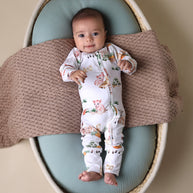 Soft zip-up organic cotton romper with foldover feet and Farm print
