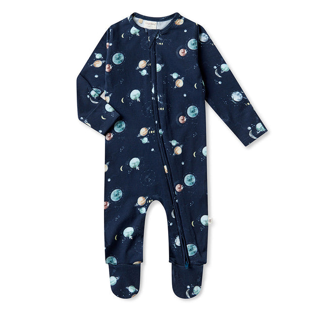 Milky Way print baby zip footie by Snuggle Hunny with fold-over mittens