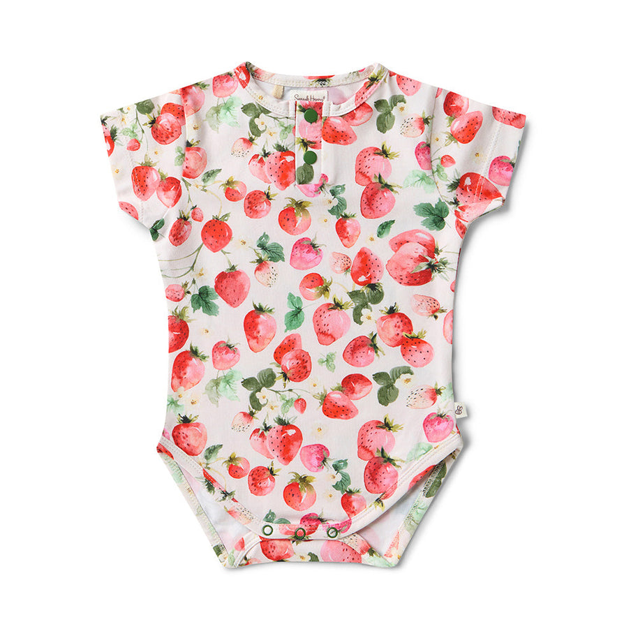 Organic cotton baby bodysuit with strawberry print