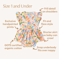 Baby dress with frilled shoulders and tropical leaf print by Snuggle Hunny
