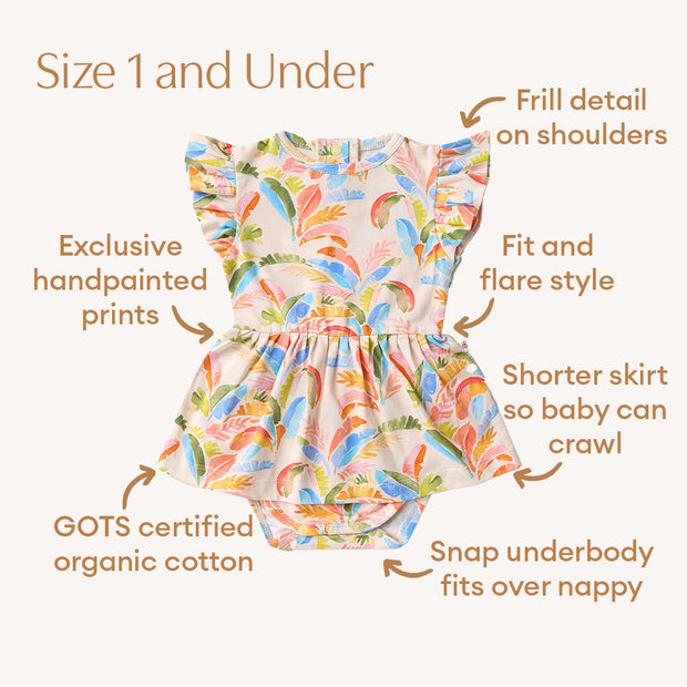 Baby dress with frilled shoulders and tropical leaf print by Snuggle Hunny