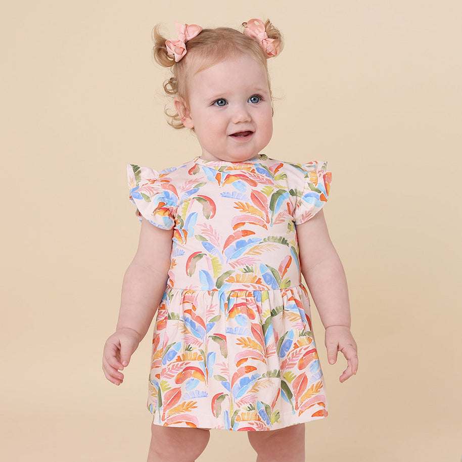 Organic cotton baby girl dress with snap underbody and shorter skirt