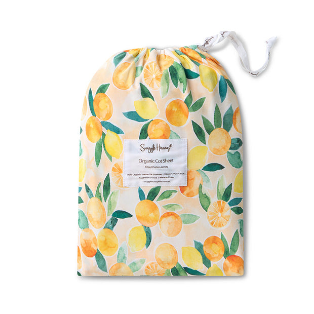Snuggle Hunny Tutti Frutti collection fitted cot sheet in matching bag
