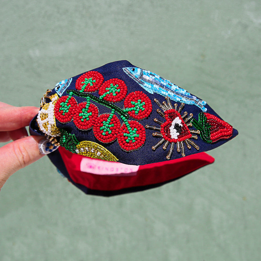 Handmade statement headband with colourful embroidery and beading