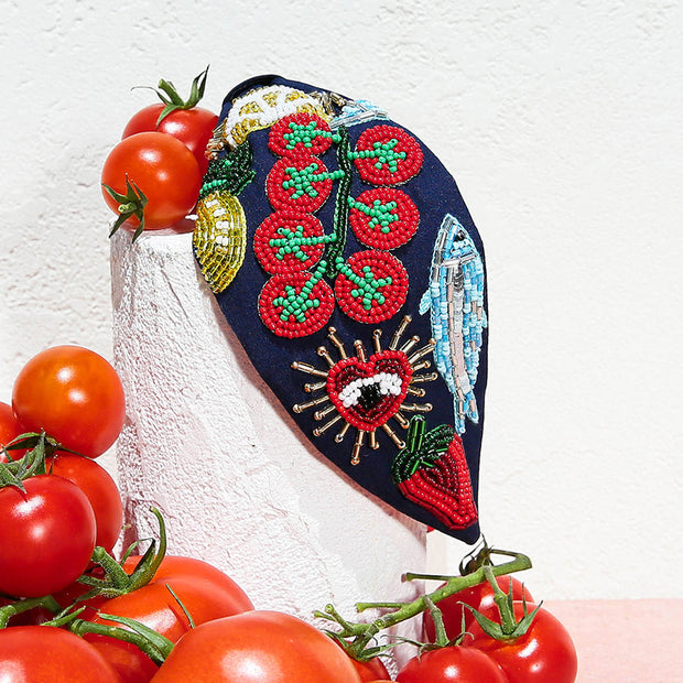 Kingston Pomodoro Beaded Headband with tomato and strawberry beadwork