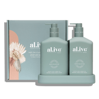 al.ive body Wash & Lotion Duo Kaffir Lime & Green Tea with tray
