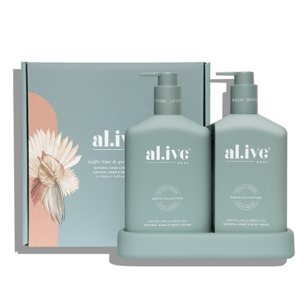 al.ive body Wash & Lotion Duo Kaffir Lime & Green Tea with tray